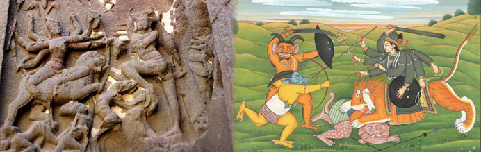 Showing Durga killing Mahisashur in Stone and Painting of very old age