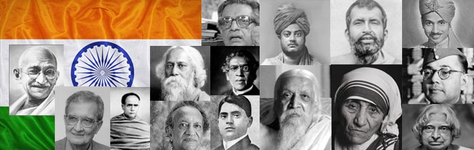An Image showing great Indian personalities with Indian flag background